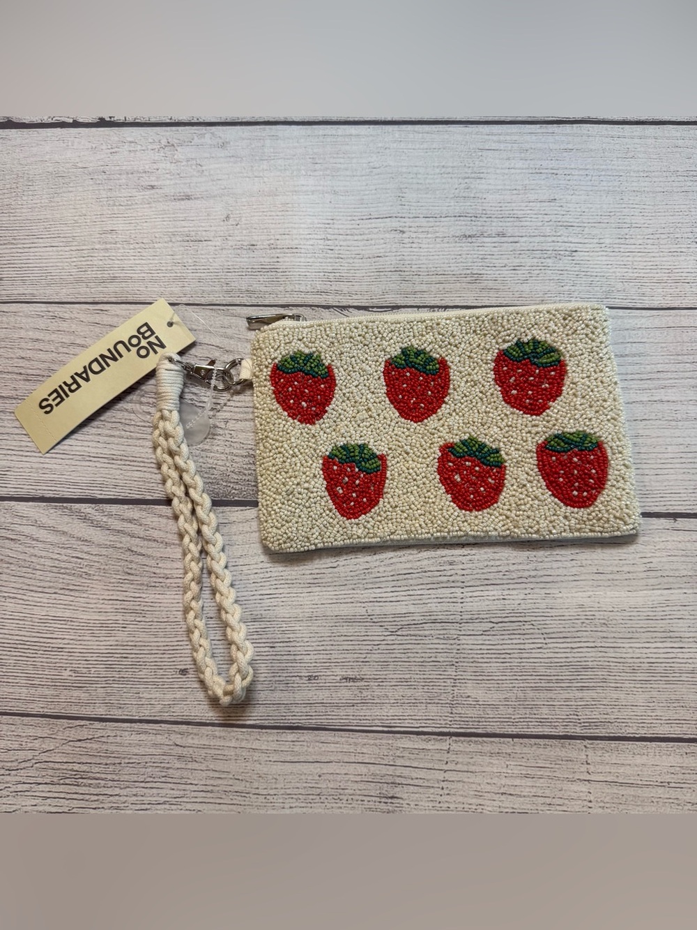 No Boundaries Cream Wristlet Pouch with Red Strawberry Beads